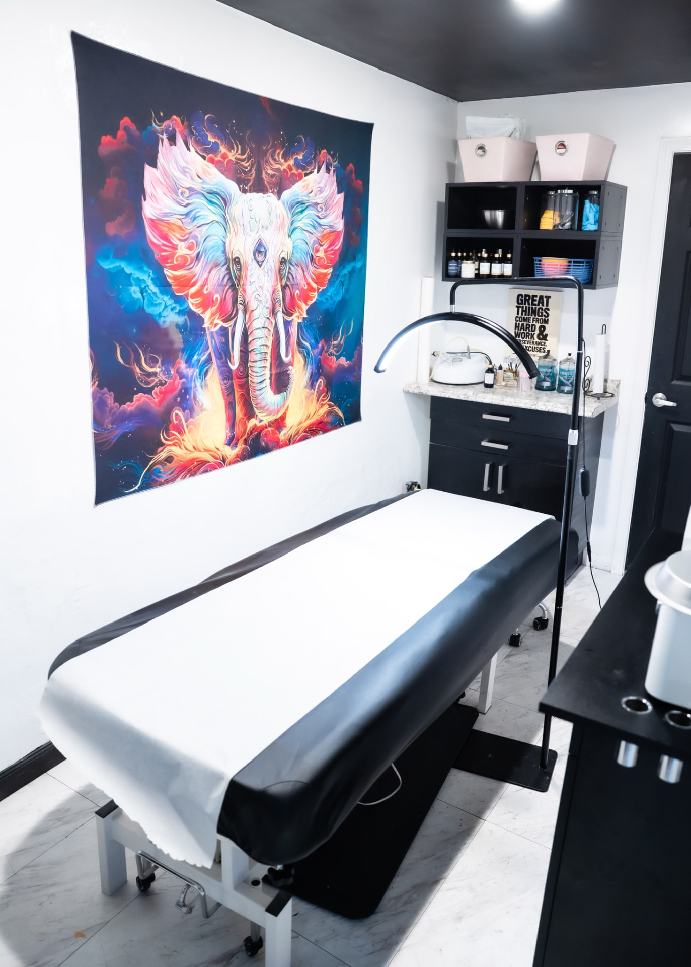 Ritual treatment room with a treatment bed and colorful elephant artwork