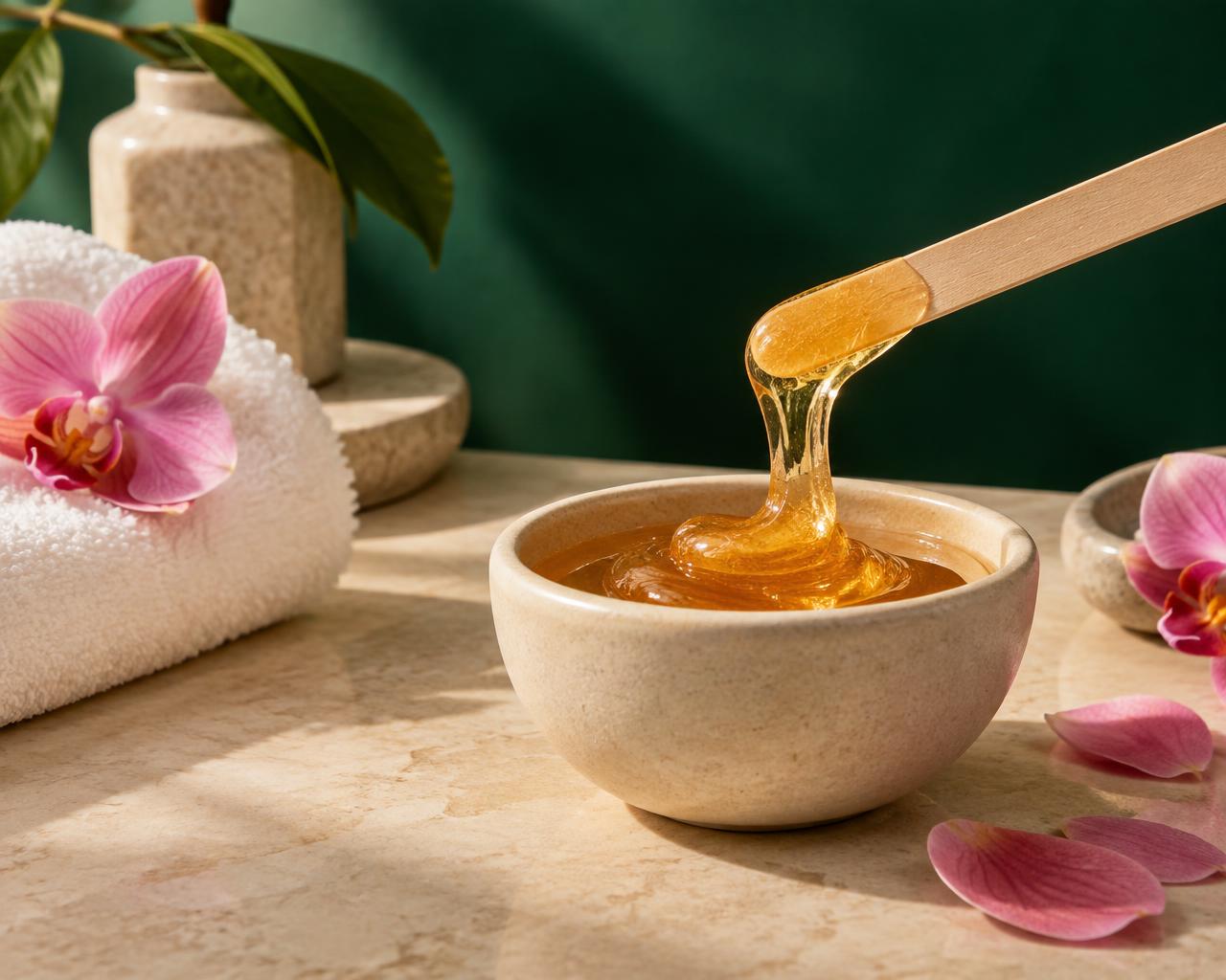 Professional sugaring paste in a stone bowl with orchid petals